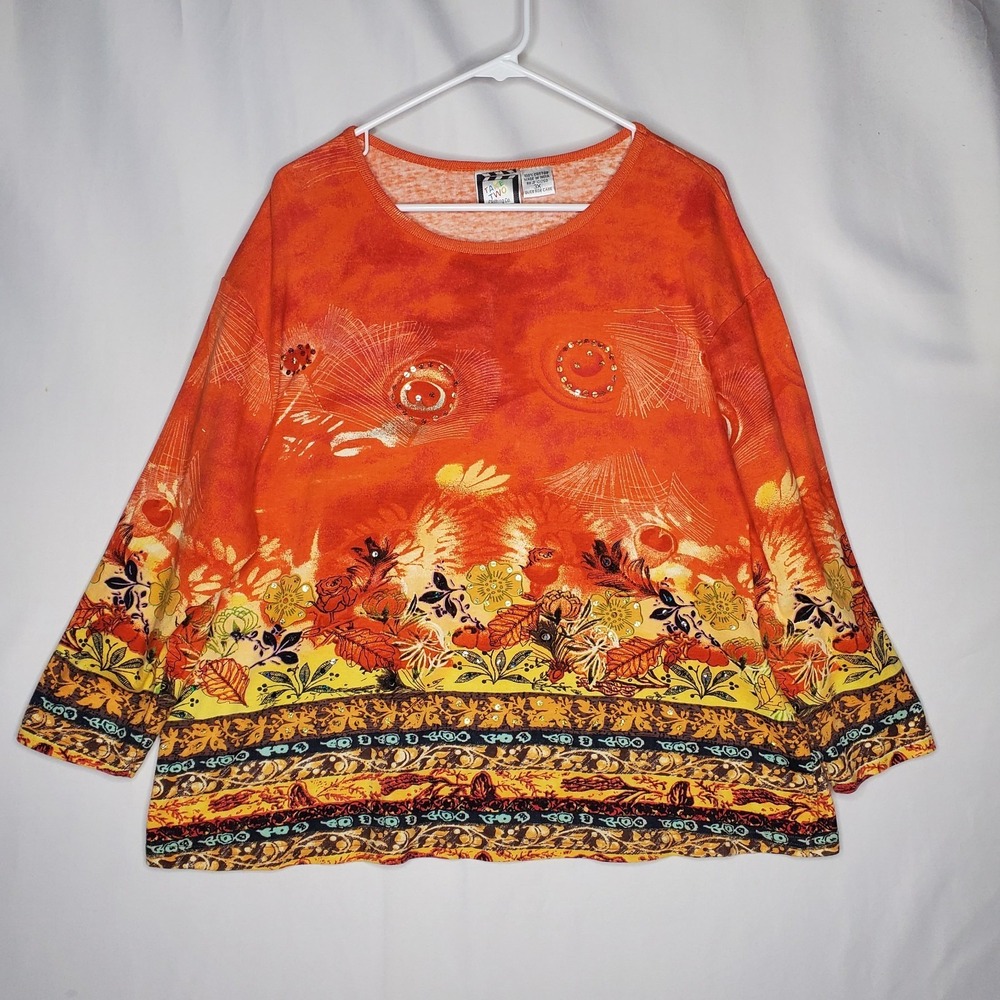 Take Two Graphic Sequin Shirt Women 3X Orange Multicolor‎ Floral Boho Grunge 90s
